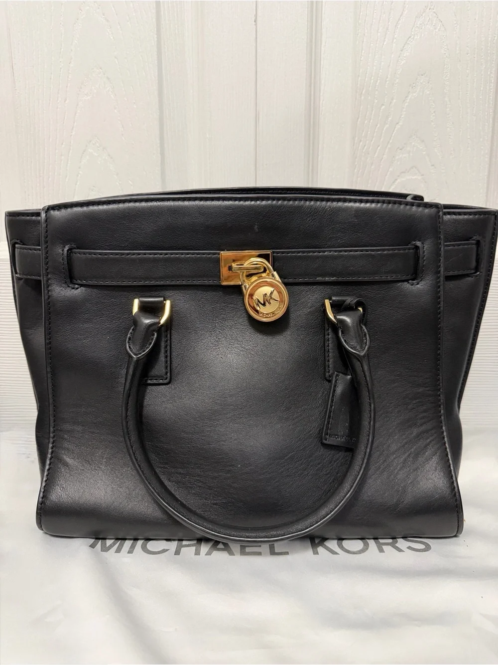 Michael Kors Black Leather Satchel with Gold Accent Charm